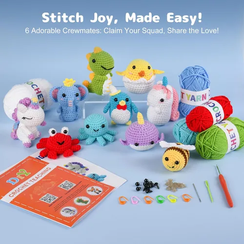 Vista 5 de MINGOMINGO Kit de ganchillo para principiantes y niños, 6 animales amigurumi, juego de regalo de manualidades para el día de la madre, tutoriales