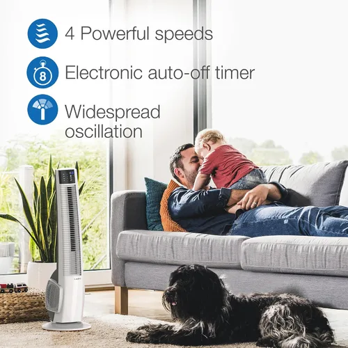 Vista 4 de Lasko Ventilador de torre oscilante con control remoto, ventilador de torre para dormitorio y oficina, 4 velocidades silenciosas, 38 pulgadas