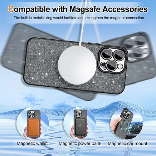 Vista 5 de Hython Funda para iPhone 13 Pro Max con purpurina, fundas magnéticas transparentes para teléfono con protector de lente de cámara