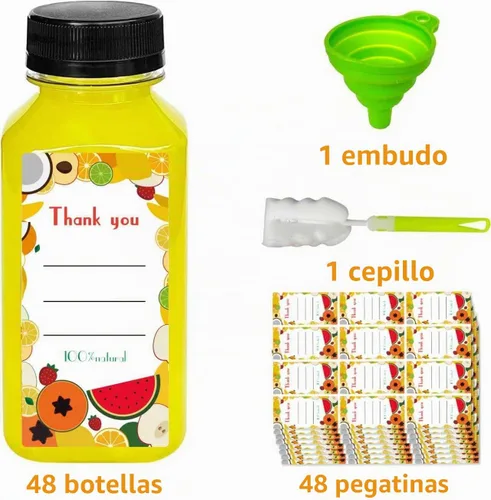 Vista 3 de 48 botellas de jugo de 8 onzas con tapas, botellas de plástico con tapas, recipientes reutilizables transparentes a granel para jugo, leche y otras