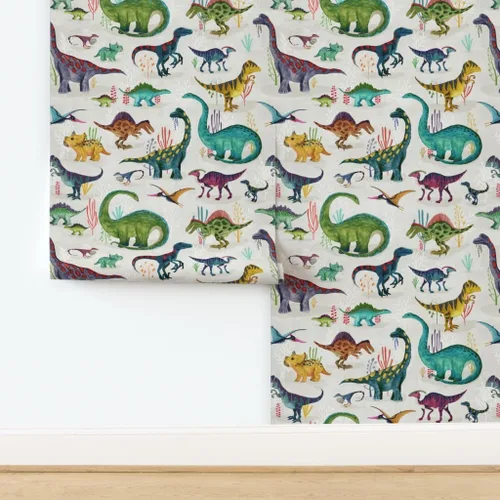 Vista 4 de Muestras de papel tapiz para despegar y pegar, dinosaurios, brillantes, grandes, verdes, para niños, rayas grises, dibujado a mano, dinosaurios