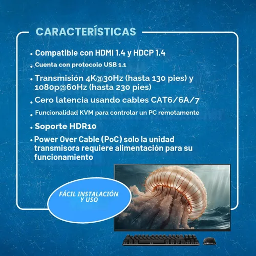 Vista 7 de OREI KVM - Extensor HDMI 4K Balun sobre cable Ethernet CAT6/7 4K, 30Hz hasta 130 pies, 2 puertos USB 1.1, compatible con teclado y mouse Ethernet