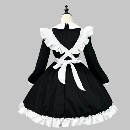 Vista 5 de Lindo vestido de Lolita de sirvienta para mujer, con ribete de encaje, manga larga, con volantes, delantal, vestido de cafetería, camarera, cosplay
