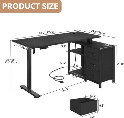 Vista 2 de 47 Inch L Shaped Desk with 3 Drawers Electric Standing Desks with Storage Computer Table Adjustable Height with Power Outlets 4 Memory Presets for
