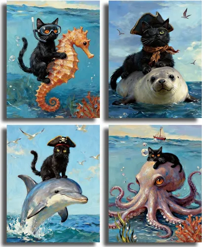 Vista 13 de Arte de pared enmarcado para baño, gato negro, aventura oceánica, póster de lienzo de 4 piezas de gato pirata náutico con caballito de mar, manatí