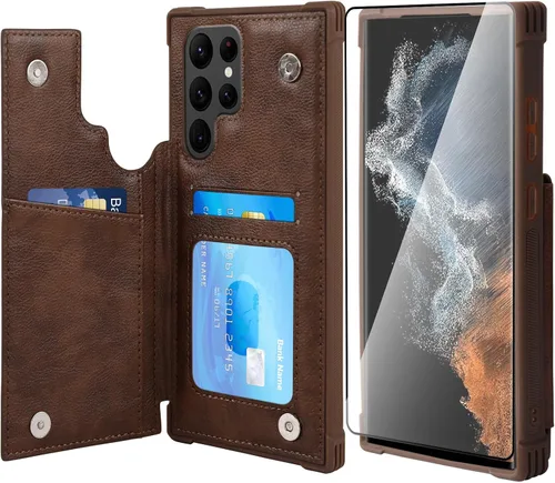 Vista 15 de VANAVAGY Funda tipo cartera compatible con Galaxy S22 con soporte para tarjetas de bloqueo RFID, piel sintética, cierre magnético, función atril
