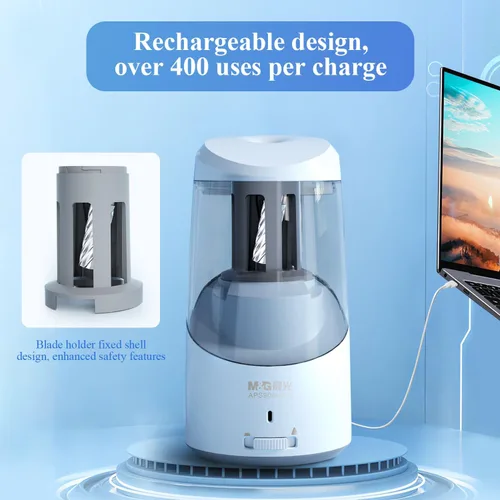 Vista 3 de M&G Sacapuntas eléctrico azul, sacapuntas automático portátil para lápices de colores, parada automática, súper afilado y rápido, funciona con USB