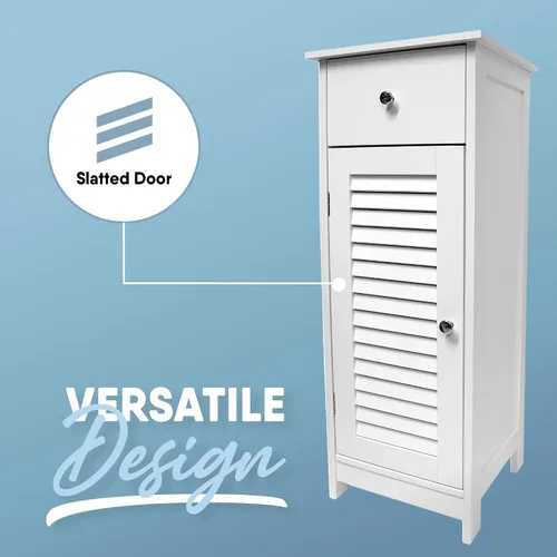 Vista 6 de MICRODRY Armario estrecho de almacenamiento para baño con puerta de rejillas, cajones y estantes, almacenamiento de baño, diseño funcional compacto