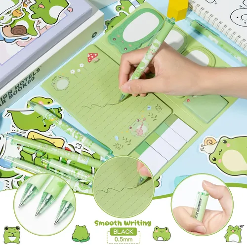 Vista 4 de Xqumoi Juego de 57 Piezas Notas Adhesivas de Rana con Bolígrafos Pegatinas Set de Papelería Bolígrafos de Gel Negro de 0.5mm Blocs de Notas