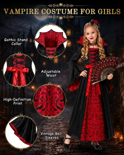 Vista 2 de Disfraz de vampiro para niñas de 4 a 12 años, conjunto de vestido gótico