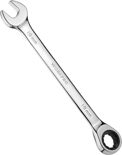 Vista 26 de WORKPRO Llave combinada de trinquete de 1/2 pulgada SAE, CR-V construida con cromado pulido espejo, diseño de 12 puntos, desplazamiento de 15 grados