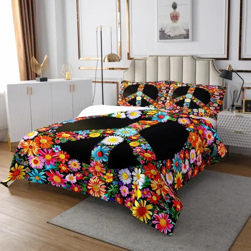 Vista 3 de Juego de colcha con signo de la paz tamaño King, flores coloridas acolchadas para niños, adolescentes y adultos, juego de colcha floral pastoral