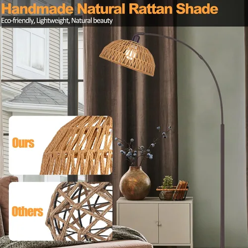 Vista 6 de Brilvibera - Lámparas de pie modernas negras con control remoto Stepless Dimmable Bulb, Hand-Worked Adjustable Rattan Lamp Shades Bohemian Floor
