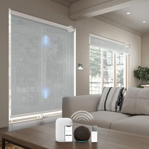 Vista 11 de Persianas inteligentes personalizadas de 110 pulgadas de ancho para ventanas grandes, persianas enrollables motorizadas 100% opacas compatibles