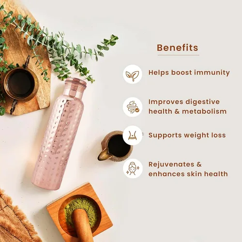 Vista 5 de Botella de agua de cobre puro con bolsa de yute, extragrande, recipiente para beber, bebe más agua, botella para beneficios de salud, hogar