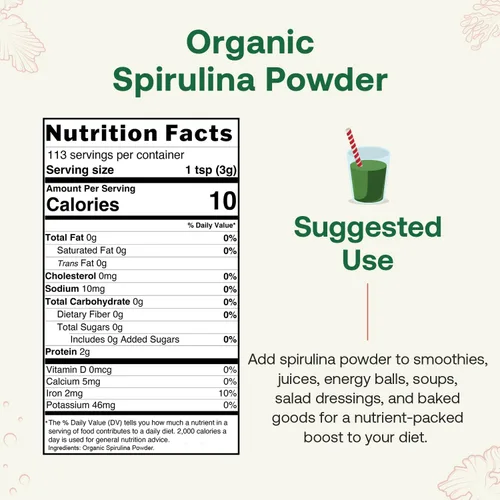 Vista 2 de Polvo de espirulina orgánica de 8 onzas, sin OMG, sin gluten, vegano, proteína a base de plantas, rica en hierro, espirulina en polvo para batidos