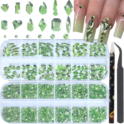 Vista 12 de Diamantes de imitación para uñas, tamaño 3D multiforma, gemas y dijes de cristal AB para uñas, parte trasera plana, con kit para arte de uñas