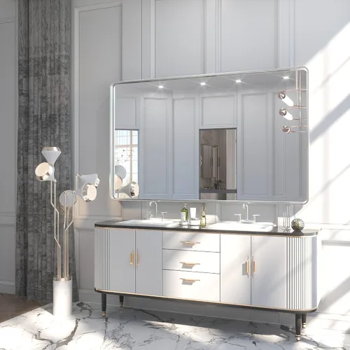 Vista 42 de TETOTE Espejo de marco dorado cepillado de 16 x 24 pulgadas, espejo de tocador de baño de latón dorado para pared, espejo enmarcado rectangular