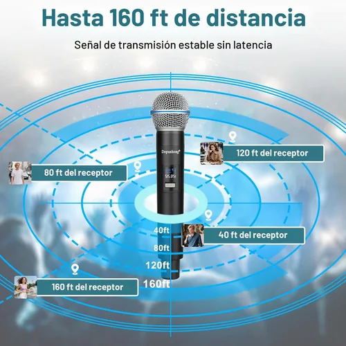 Vista 2 de Depusheng Micrófono inalámbrico, micrófono recargable, micrófono inalámbrico dinámico de mano para cantar karaoke, boda, DJ, fiesta, discurso