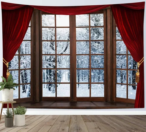 Vista 19 de HVEST Tapiz de bosque de invierno para colgar en la pared, montaña, nieve y pino, exterior, ventana de Navidad, arte de pared, tapiz de invierno