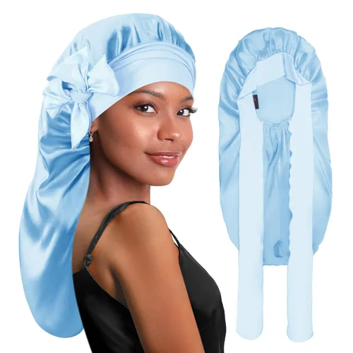 Vista 26 de BONNET QUEEN Gorro de Trenza de Seda Gorro Plegable Extra Largo para Trenzas con Banda de Atar, Capó de Satén Largo para Dormir, Verde Oscuro