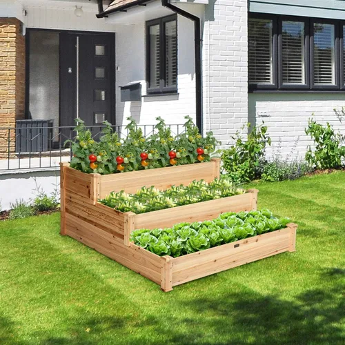 Vista 2 de Giantex Cama de jardín elevada de 3 niveles, maceta para exteriores, caja de cultivo de flores vegetales, kit de cama elevada elevada, contenedor