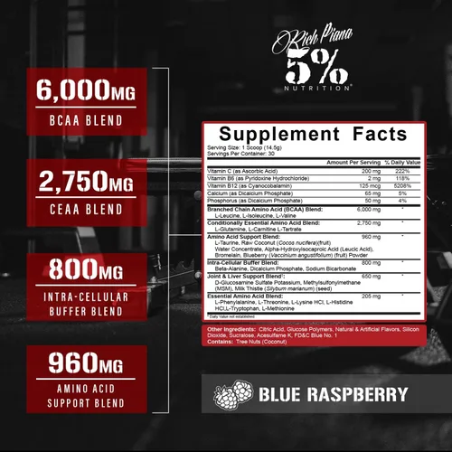 Vista 3 de 5% Nutrition Rich Piana AllDayYouMay BCAA Powder Aminoácidos prémium para intra y después del entrenamiento, EAA, electrolitos Hidratación