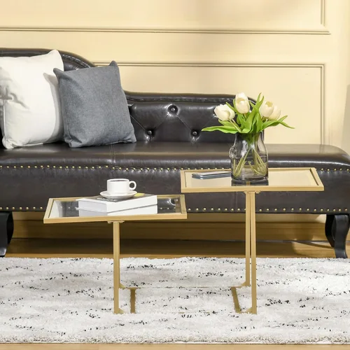Vista 7 de HOMCOM Mesa auxiliar, mesa de centro de cristal templado con 2 mesas cuadradas, mesas de centro modernas para sala de estar, dormitorio, color dorado