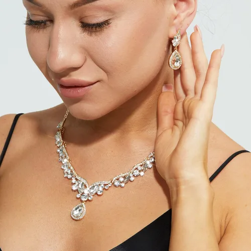 Vista 6 de uqvn Collar y aretes de plata dorada, juego de regalo de joyería para novia, mamá, esposa, abuela, mujer, en boda, fiesta de cumpleaños, juego