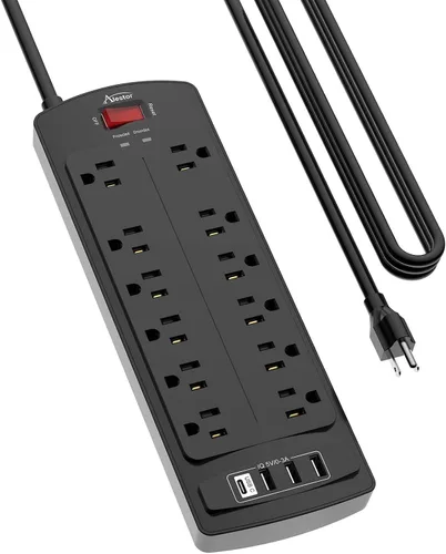 Vista 15 de ALESTOR - Regleta de enchufes con protector contra sobretensiones, 12 tomas de corriente y 4 puertos USB, cable de extensión de 6 pies