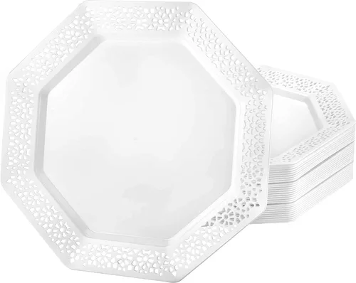 Vista 7 de Lillian Tablesettings Platos de plástico, 11 paquete de 10 platos de lacetágono, 11 pulgadas, blanco perla (34591)