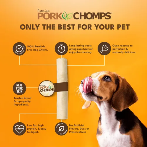 Vista 3 de Pork Chomps Masticable de piel de cerdo horneada para perros, rollo de 8 pulgadas, 1 unidad (paquete de 3)