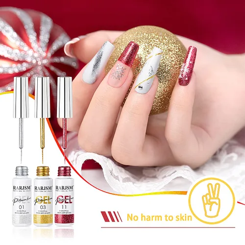 Vista 3 de RARJSM Juego de esmaltes de uñas de gel de pintura metálica, negro, plateado, dorado, verde, rosa, negro, brillantina, efecto platino, 6 piezas, Set