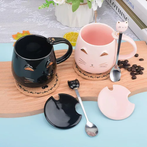 Vista 2 de Taza de café de cerámica rosa con diseño de gato lindo hecho a mano con cuchara de acero inoxidable, taza de gatito, tazas únicas de chocolate Negro