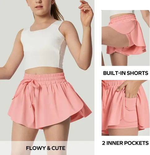 Vista 3 de Ewedoos Pantalones cortos holgados 2 en 1 para niñas, pantalones cortos atléticos de mariposa, talla 10-12, lindos pantalones cortos de moda