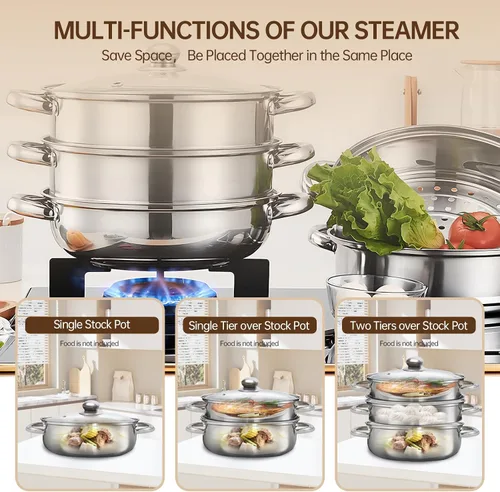 Vista 2 de Olla de vapor de acero inoxidable de 3 niveles con tapa, ollas de vapor multiusos para cocinar, juego de vapor de verduras y albóndigas con asas