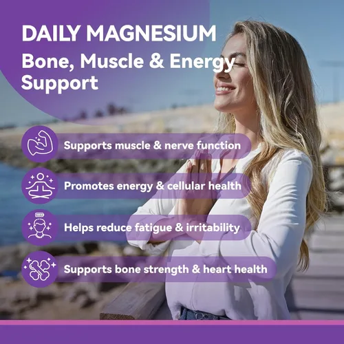 Vista 2 de Suplemento de magnesio puro de 250 mg con calcio, tabletas de magnesio de alta absorción para fuerza ósea, función muscular, relajación y apoyo