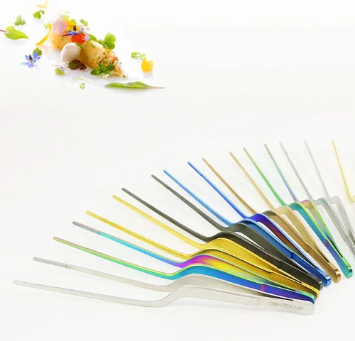 Vista 5 de CREATIVECHEF Pinzas multifunción curvadas de acero inoxidable de 8 pulgadas para cocina de precisión (curvadas, negras)