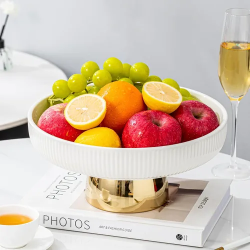 Vista 8 de Frutero de cerámica, cuencos decorativos grandes de 11 pulgadas, bandeja de pedestal blanca y base dorada, frutero para encimera de cocina, bandejas