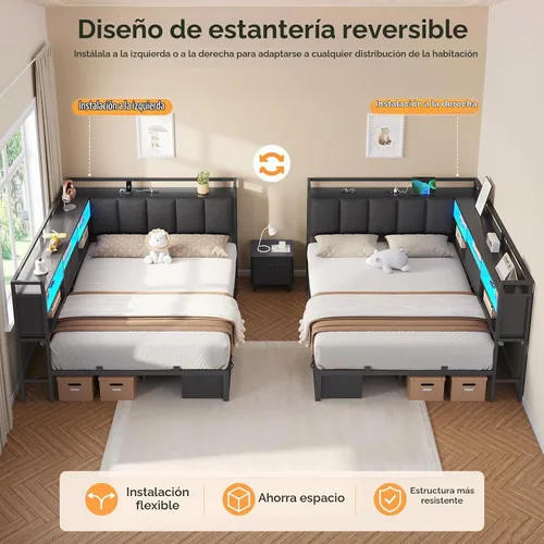 Vista 8 de Estructura de cama de esquina completa con 4 cajones, estantería y cabecero Negro