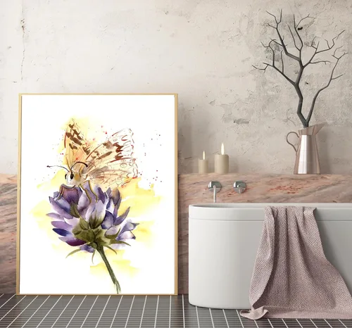 Vista 4 de Impresión artística de pintura de acuarela de mariposa y flor, decoración de pared vibrante púrpura y amarillo, obra de arte polinizador, carteles e