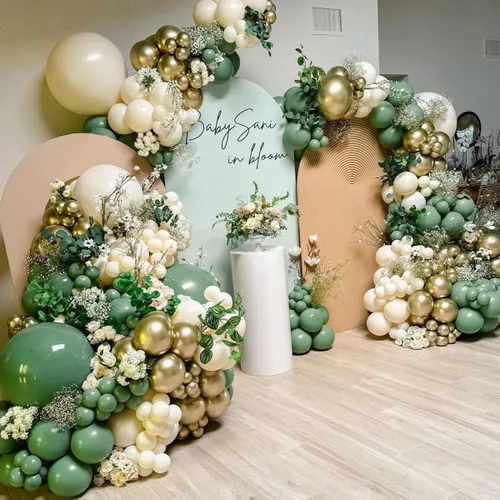 Vista 4 de MEBAY Kit de arco de globos de oro verde, blanco, 146 piezas de confeti dorado cromado metálico verde aguacate y globos de látex blanco