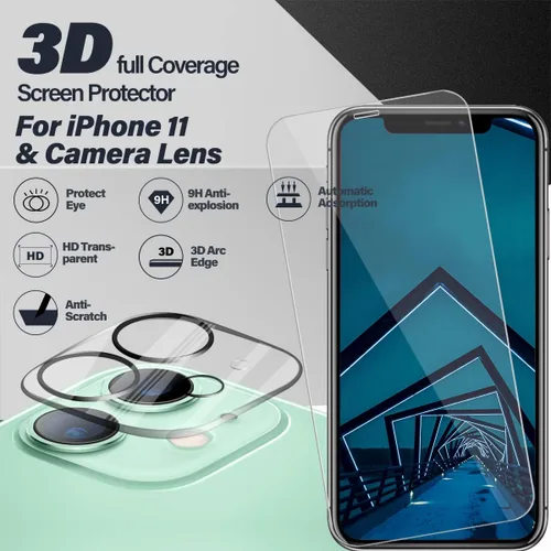 Vista 2 de BIGFACE Protector de pantalla para iPhone 11 + protectores de lente de cámara, [2 + 2 unidades] Vidrio templado transparente HD de alta calidad