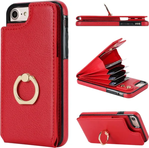 Vista 8 de Folosu Funda tipo cartera para iPhone SE con soporte para tarjetas, soporte de anillo de rotación de 360 grados, función de protección RFID, de piel