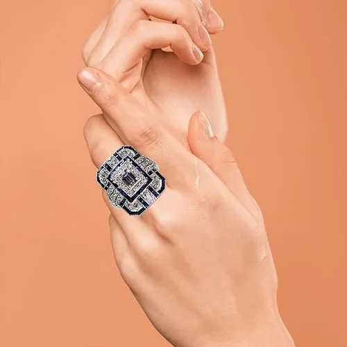 Vista 3 de Big Dainty - Anillo grueso de dedo completo con zrionias cúbicas completas, chapado en platino, grande, exagerado cóctel, fiesta, declaración