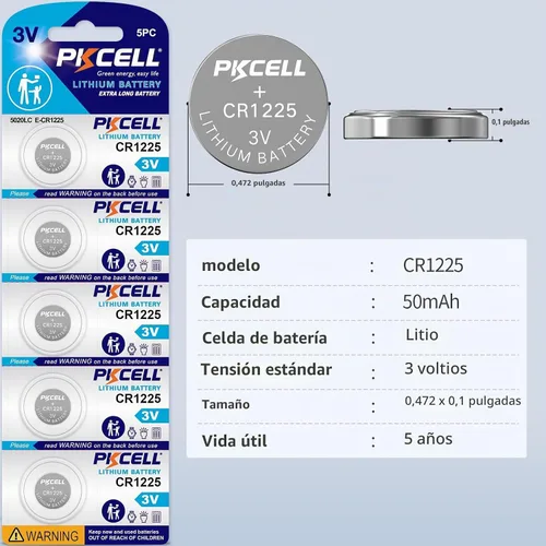 Vista 2 de PKCELL CR1225 batería de litio de 3 V, modelo CR 1225, pilas de botón para termómetro, vida útil de 5 años (5 unidades)