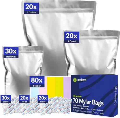 Vista 8 de 50 paquetes de bolsas de mylar de 14 mil con absorbentes de oxígeno, con refuerzo de 1 galón con 500 cc de OA - Bolsas resellables de mylar para 50