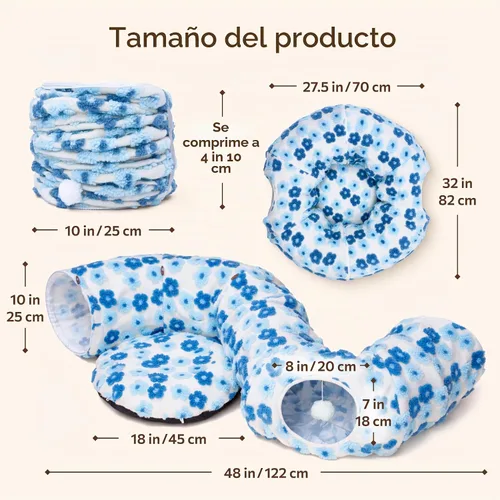 Vista 8 de Meowfia Túnel interior para gatos con cama de rosquilla, gran espacio de juego flexible para múltiples mascotas, forma de círculo o serpiente azul