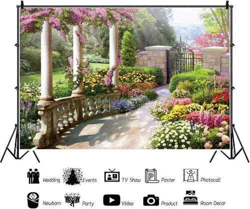 Vista 2 de Telón de fondo de 5 x 3 pies para fotografía de jardín primaveral hermoso, arquitectura vintage de jardín, pilares, flores en flor, fondo