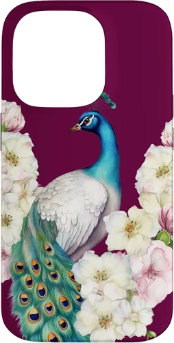 Vista 17 de iPhone 16 Peacock Bird with Long Feathers Watercolor Flowers Case